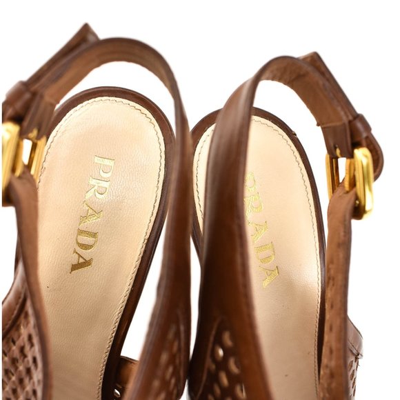 PRADA: Brown, Laser-Cut Leather Platform Sandals - Picture 6 of 10